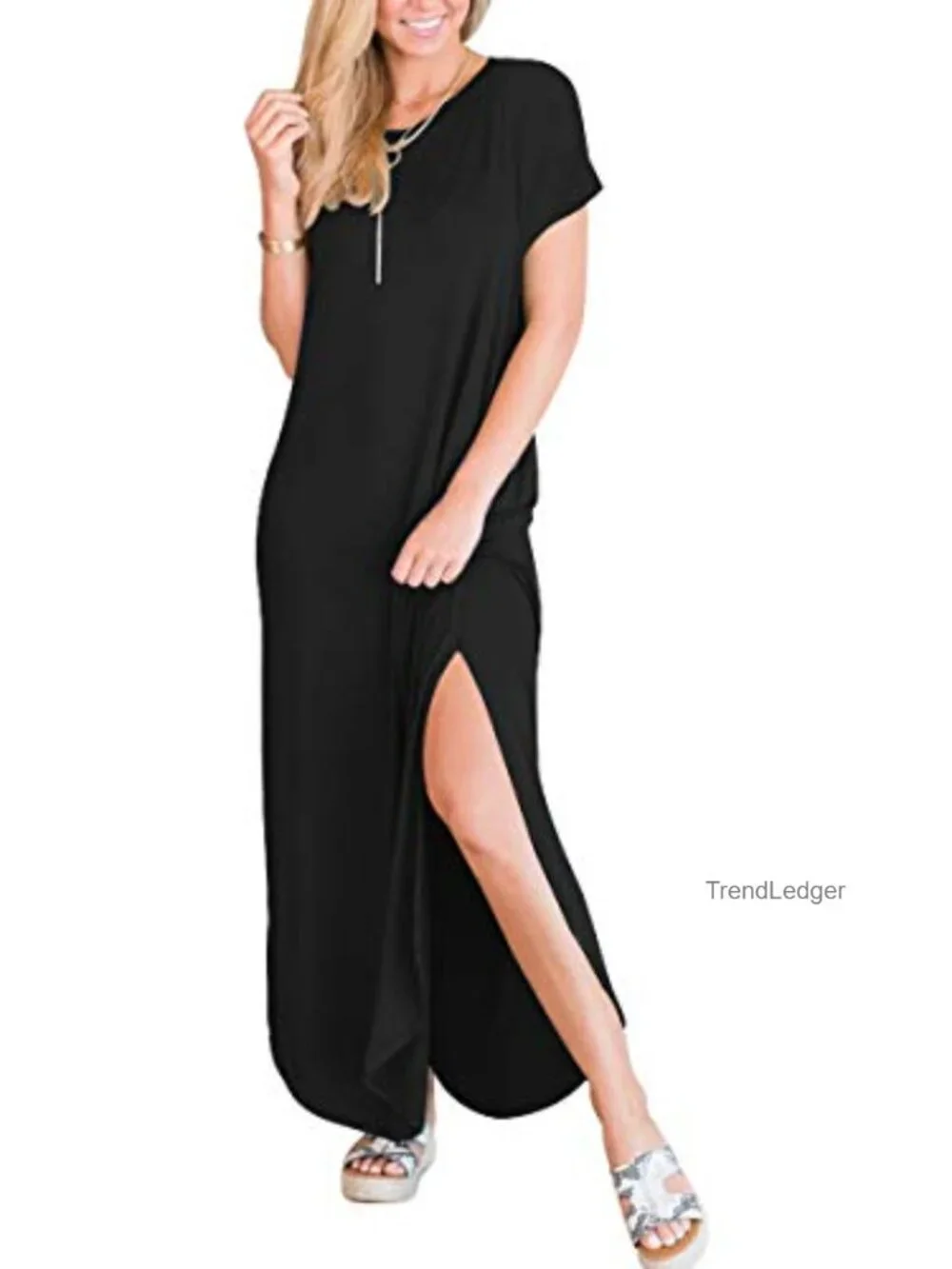 Short Sleeve Maxi Dress Side Slit Pockets Casual Beach Vacation Travel Loose